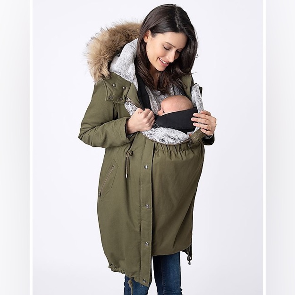 Seraphine Khaki Maternity Coat with Faux Fur Lining